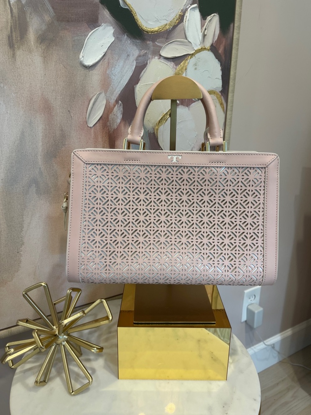 Tory Burch Fret - T Leather Satchel in Pink